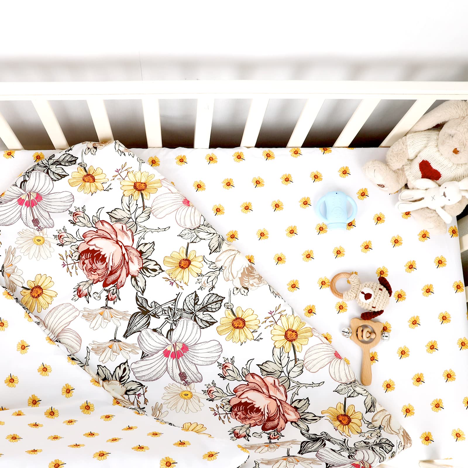 HNHUAMING 4-Piece Crib Bedding Set, Baby Girl Bedding Crib Set, Flower Crib Skirt, Baby Quilt, Crib Sheet and Diaper Stacker