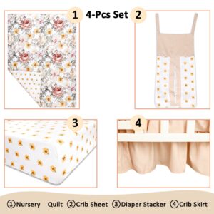 HNHUAMING 4-Piece Crib Bedding Set, Baby Girl Bedding Crib Set, Flower Crib Skirt, Baby Quilt, Crib Sheet and Diaper Stacker