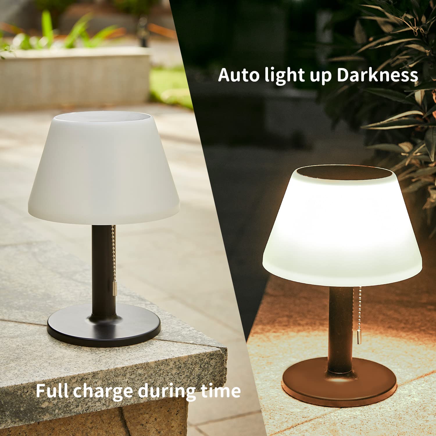 shumi Solar Table Lamp Outdoor Indoor - 3 Lighting Modes, Eye-Caring LED Cordless Waterproof Solar Desk Lamp with Pull Chain for Outside Patio Garden Bedroom Living Room (Modern Black Decor)