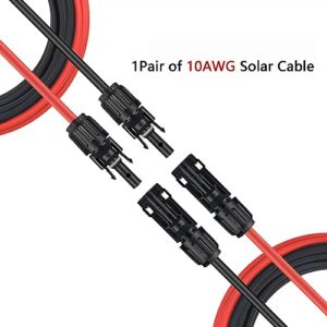 SGANGCAR Solar Extension Cable One Pair(30 Feet 10AWG) Solar Panel Cable with Female and Male Connectors(30FT Red + 30FT Black)