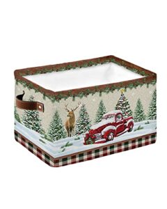 christmas storage bins, christmas truck xmas tree elk snowflake red green plaid storage baskets for organizing closet shelves clothes decorative fabric baskets large storage cubes with handles