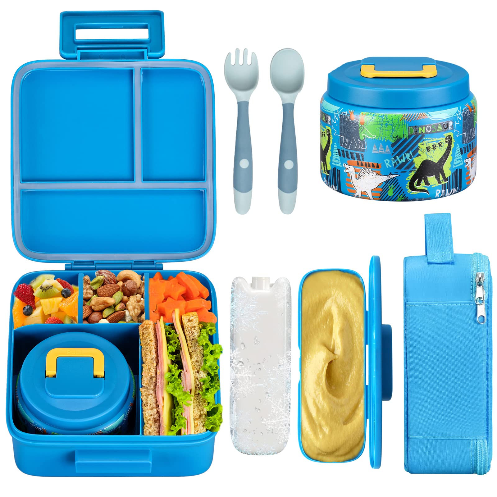 JXXM Bento Lunch Box for Kids With 8oz Soup thermo,Leak-proof Lunch Containers with 5 Compartment,thermo Food Jar and Lunch Bag, Food Containers for School (A-Blue(Dinosaur))