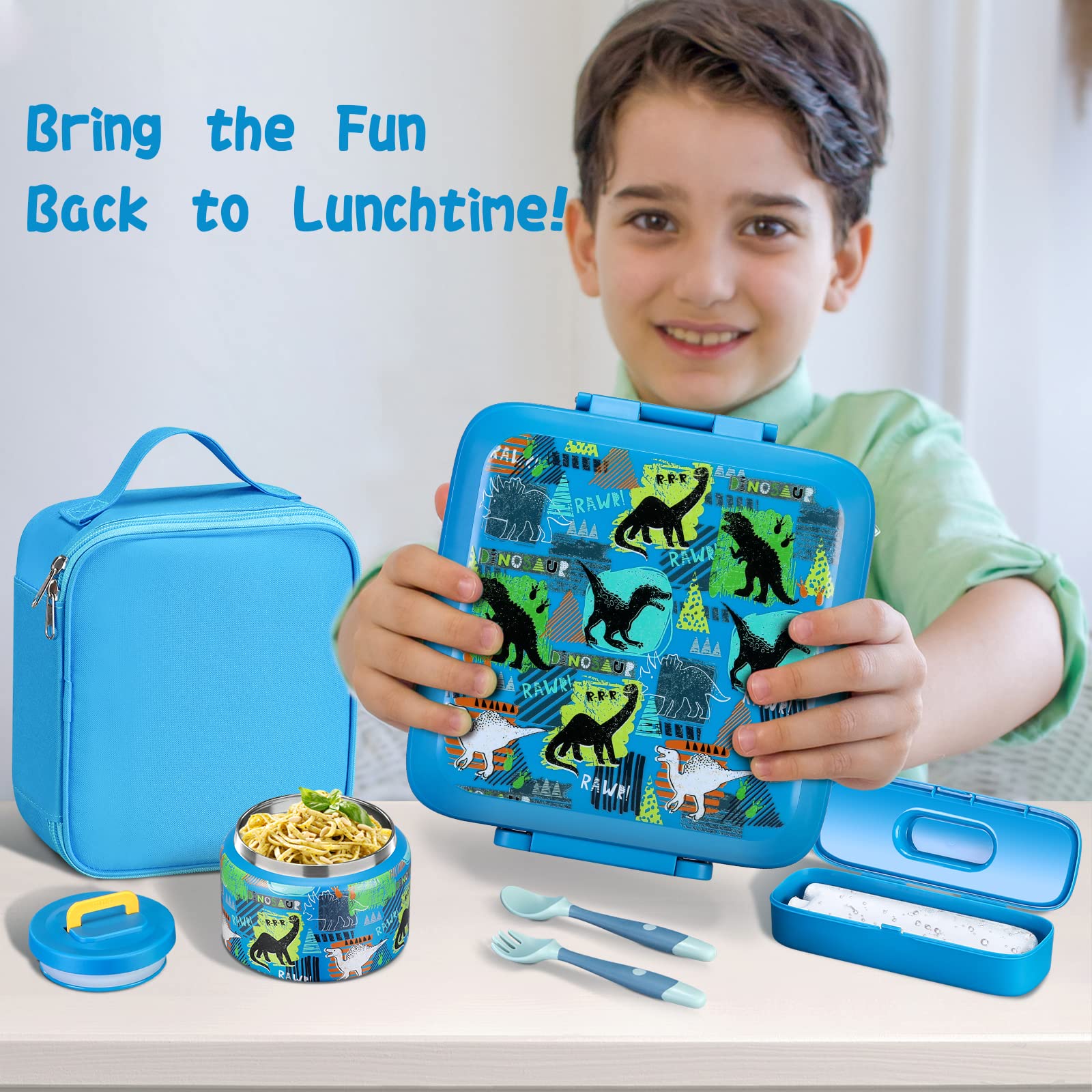 JXXM Bento Lunch Box for Kids With 8oz Soup thermo,Leak-proof Lunch Containers with 5 Compartment,thermo Food Jar and Lunch Bag, Food Containers for School (A-Blue(Dinosaur))