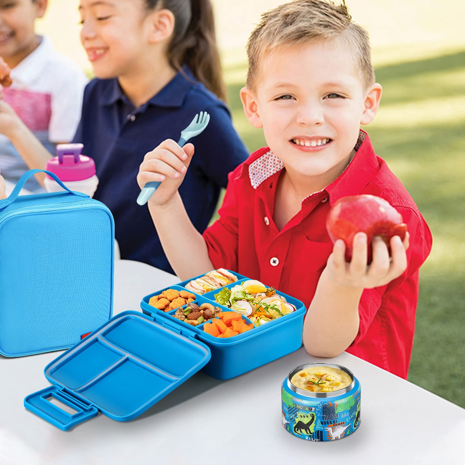 JXXM Bento Lunch Box for Kids With 8oz Soup thermo,Leak-proof Lunch Containers with 5 Compartment,thermo Food Jar and Lunch Bag, Food Containers for School (A-Blue(Dinosaur))