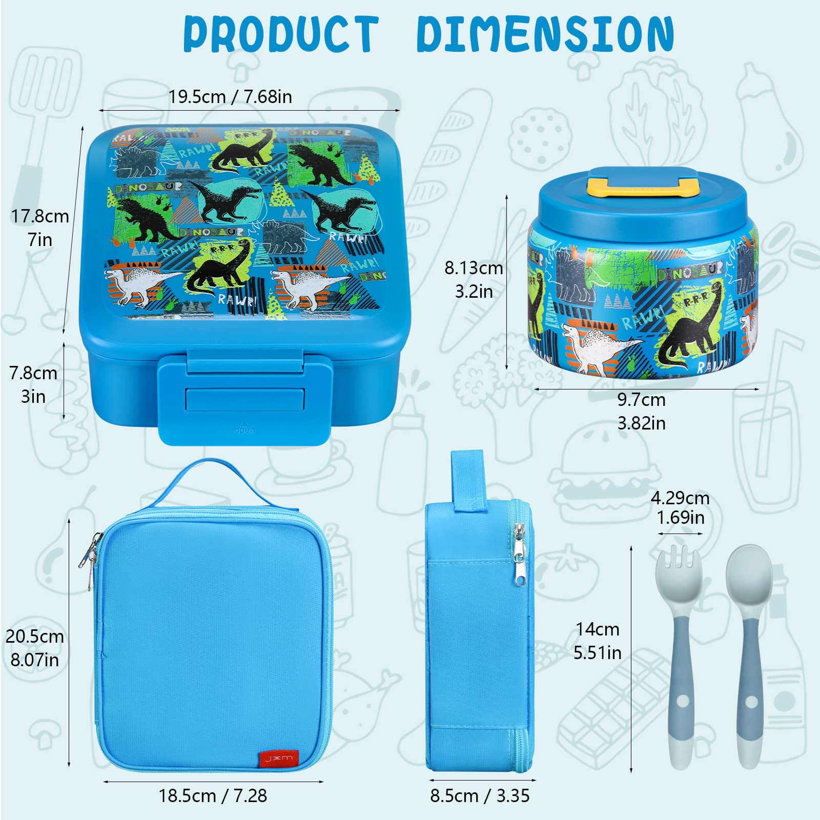 JXXM Bento Lunch Box for Kids With 8oz Soup thermo,Leak-proof Lunch Containers with 5 Compartment,thermo Food Jar and Lunch Bag, Food Containers for School (A-Blue(Dinosaur))