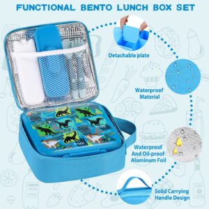 JXXM Bento Lunch Box for Kids With 8oz Soup thermo,Leak-proof Lunch Containers with 5 Compartment,thermo Food Jar and Lunch Bag, Food Containers for School (A-Blue(Dinosaur))