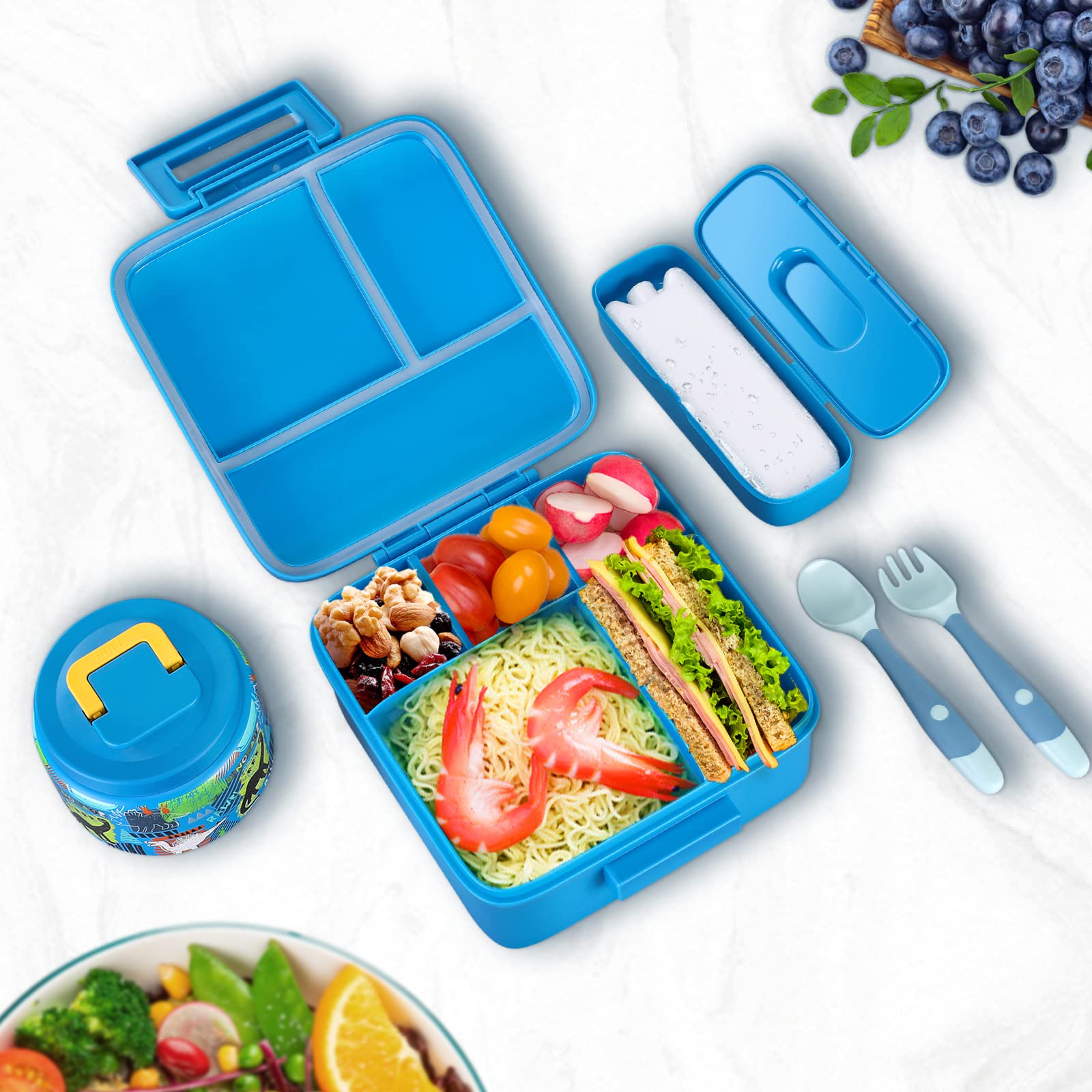 JXXM Bento Lunch Box for Kids With 8oz Soup thermo,Leak-proof Lunch Containers with 5 Compartment,thermo Food Jar and Lunch Bag, Food Containers for School (A-Blue(Dinosaur))