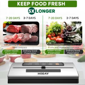 vacuum sealer machine, hoday food sealer with built-in cutter, dry&moist mode, automatic vacuum sealer food storage machine, with 2 bag rolls 8”x7’ and 11”x10’ compact design, easy to clean
