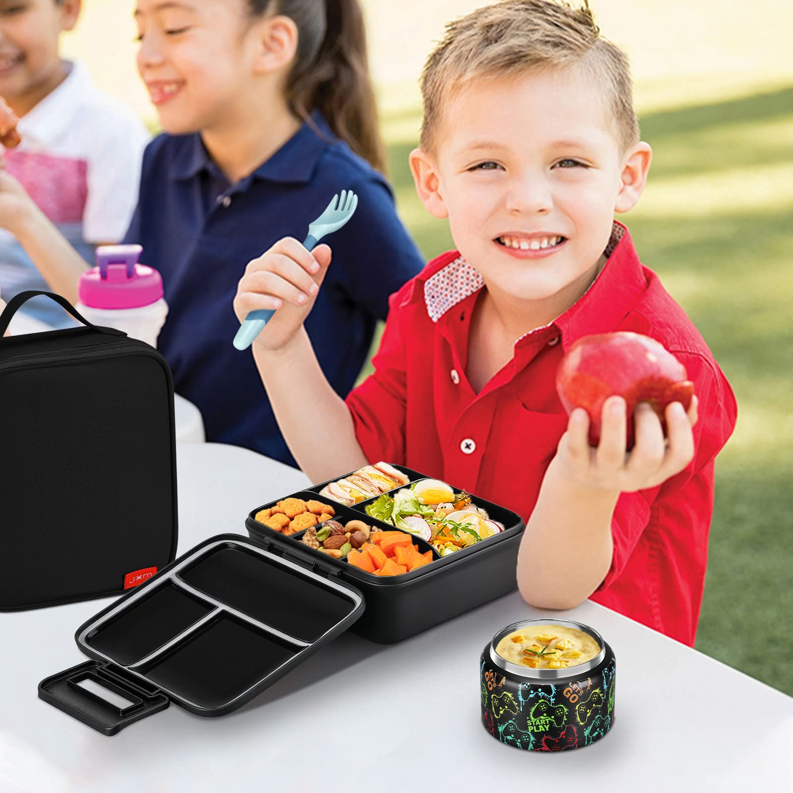 JXXM Bento Lunch Box for Kids With 8oz Soup thermo,Leak-proof Lunch Containers with 5 Compartment,thermo Food Jar and Lunch Bag, Food Containers for School (A-Black(Game Consoley))