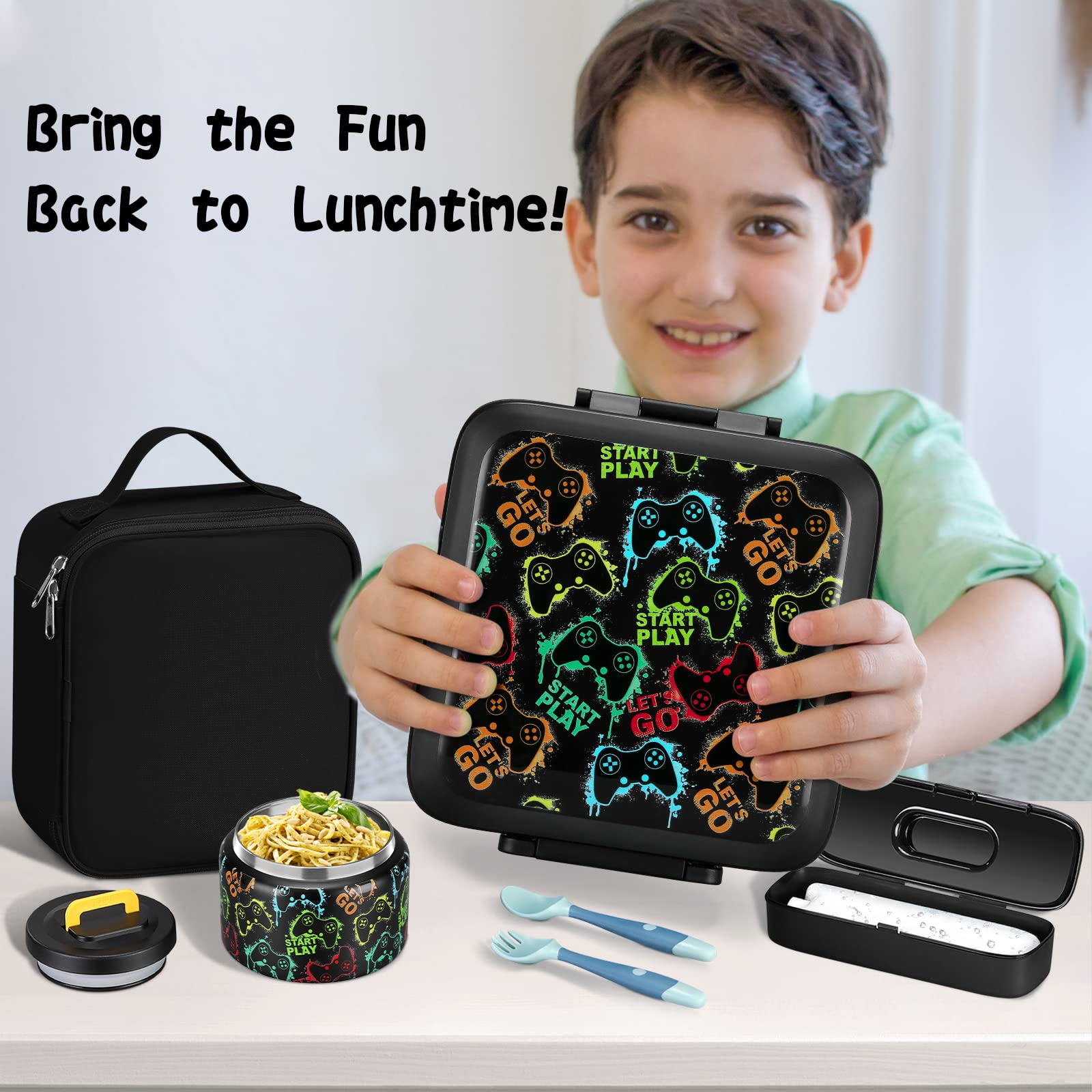 JXXM Bento Lunch Box for Kids With 8oz Soup thermo,Leak-proof Lunch Containers with 5 Compartment,thermo Food Jar and Lunch Bag, Food Containers for School (A-Black(Game Consoley))
