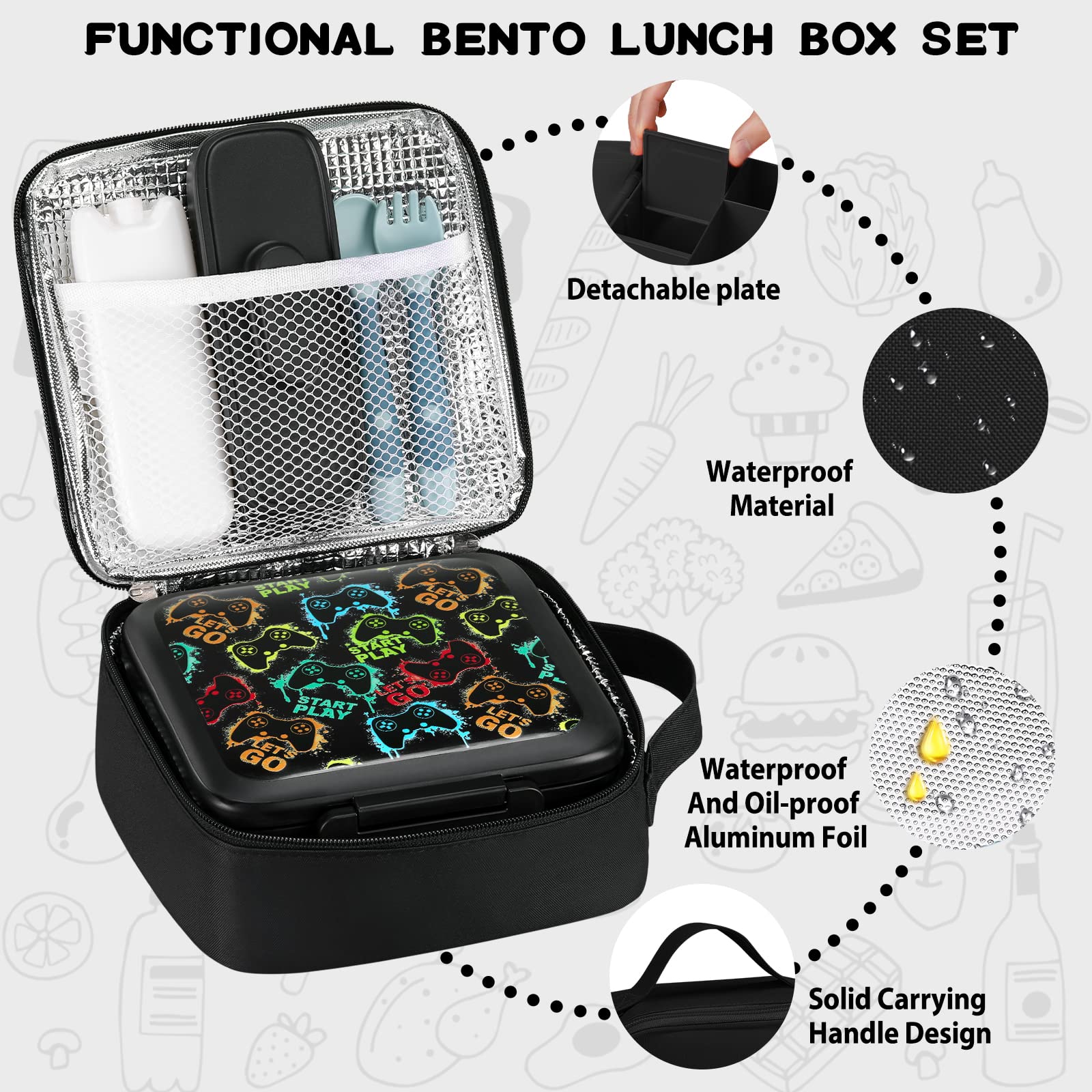 JXXM Bento Lunch Box for Kids With 8oz Soup thermo,Leak-proof Lunch Containers with 5 Compartment,thermo Food Jar and Lunch Bag, Food Containers for School (A-Black(Game Consoley))