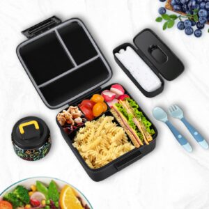 JXXM Bento Lunch Box for Kids With 8oz Soup thermo,Leak-proof Lunch Containers with 5 Compartment,thermo Food Jar and Lunch Bag, Food Containers for School (A-Black(Game Consoley))