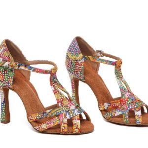 Minishion T-Strap Dance Shoes for Women Rhinestones Wedding Sandals L547 Multicolor US 9