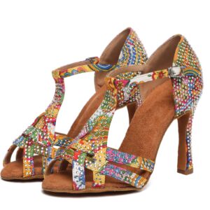 Minishion T-Strap Dance Shoes for Women Rhinestones Wedding Sandals L547 Multicolor US 9