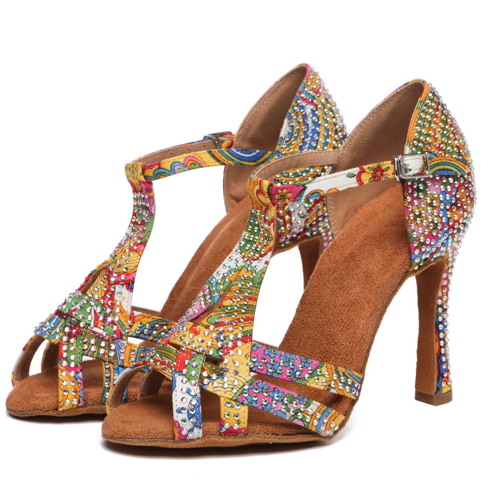 Minishion T-Strap Dance Shoes for Women Rhinestones Wedding Sandals L547 Multicolor US 9