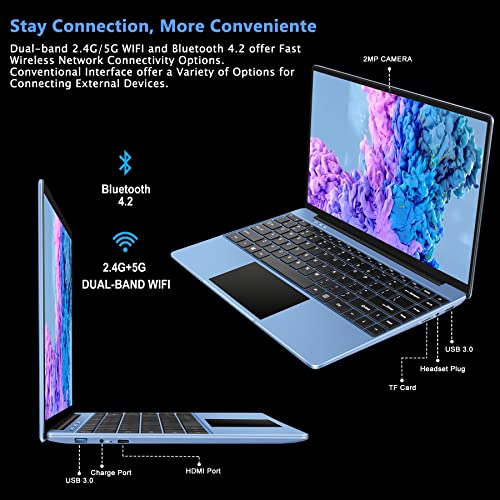 Ruzava 14" Laptop 6GB RAM 128GB SSD Traditional Laptops Computer Win 2.4G+5G WiFi BT 4.2 USB Adapter 1920x1080 FHD WOZIFAN with Wireless Mouse for Business Entertainment-Blue