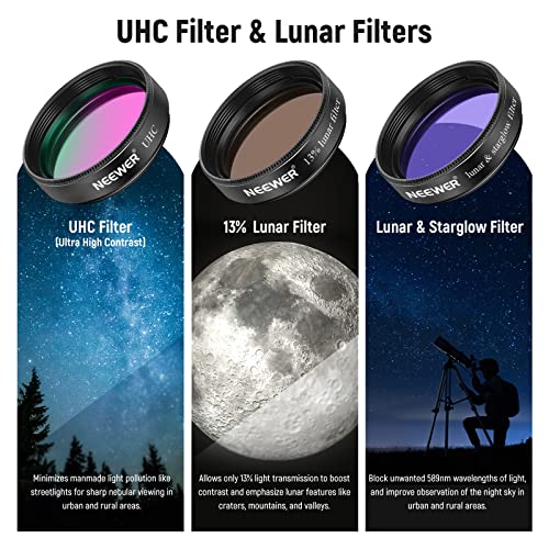 NEEWER 1.25” Telescope Eyepiece Filter Set (10 Pack), 5 Planetary Color Filters, 2 Variable Polarizing Filters, UHC Filter, Lunar & Starglow Filter, 13% Lunar Filter for Starry Sky Moon Observation