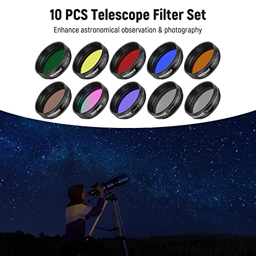 NEEWER 1.25” Telescope Eyepiece Filter Set (10 Pack), 5 Planetary Color Filters, 2 Variable Polarizing Filters, UHC Filter, Lunar & Starglow Filter, 13% Lunar Filter for Starry Sky Moon Observation