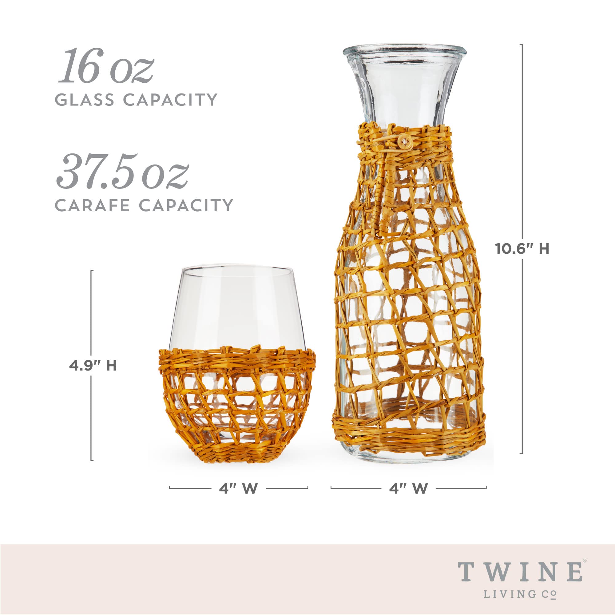 Twine Island Wine Glasses with Carafe, Stemless Glassware with Seagrass Wrap for Night Stand, Dishwasher Safe, 16 Oz, 37.5 Oz, Set of 3, Set of 1, Beige