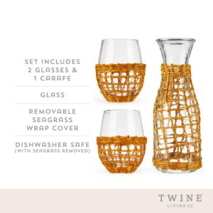 Twine Island Wine Glasses with Carafe, Stemless Glassware with Seagrass Wrap for Night Stand, Dishwasher Safe, 16 Oz, 37.5 Oz, Set of 3, Set of 1, Beige