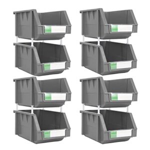 djc supply heavy duty thermoplastic storage bin organizer, stackable, hangable, side-connect (grey (8 pack), medium 5.9" x 9.4" x 4.9")