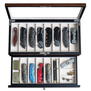besforu pocket knife display case for men collection holder 15-17 folding knife with walnut finish two-tier knife organizer storage box with real glass window top (walnut veneer with draw)