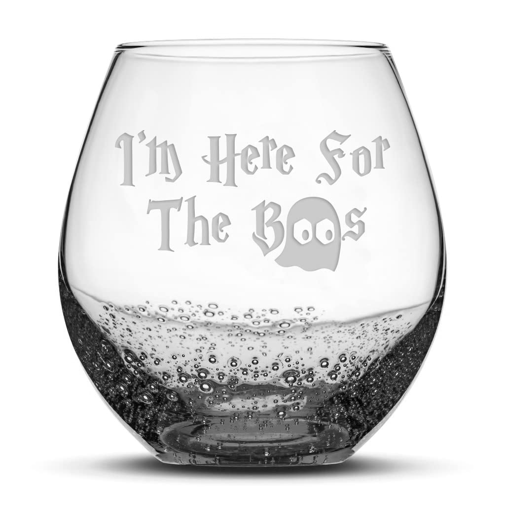 Integrity Bottles, I'm Here For The Boo's, Stemless Wine Glass, Handmade, Handblown, Hand Etched Gifts, Sand Carved, 18oz (Bubbly Smoke)