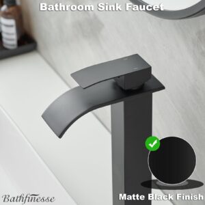 Bathfinesse Vessel Sink Faucet Waterfall Bathroom Faucet Matte Black Stainless Steel Tall Single Handle One Hole Deck Mount Bowl Vanity Sink Faucet with Pop-up Drain Stopper