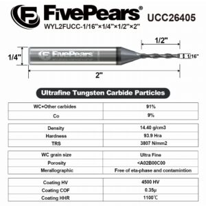 FivePears Up Cut Spiral Router Bit for CNC with Extreme Life Coated, 1/16" Cutting Diameter, 1/2" Cutting Length, 1/4 inch Shank Carbide End Mill for Wood Carving Engraving Grinding Grooving