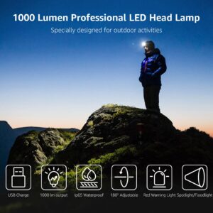 Lepro 1000 Lumen Headlamp Rechargeable - Powerful Detachable Head Lamp with 2200 mAh Battery, Super Bright 500FT Flashlight Beam, IP65 Waterproof LED Headlight for Camping Hiking Hunting Fishing Gear