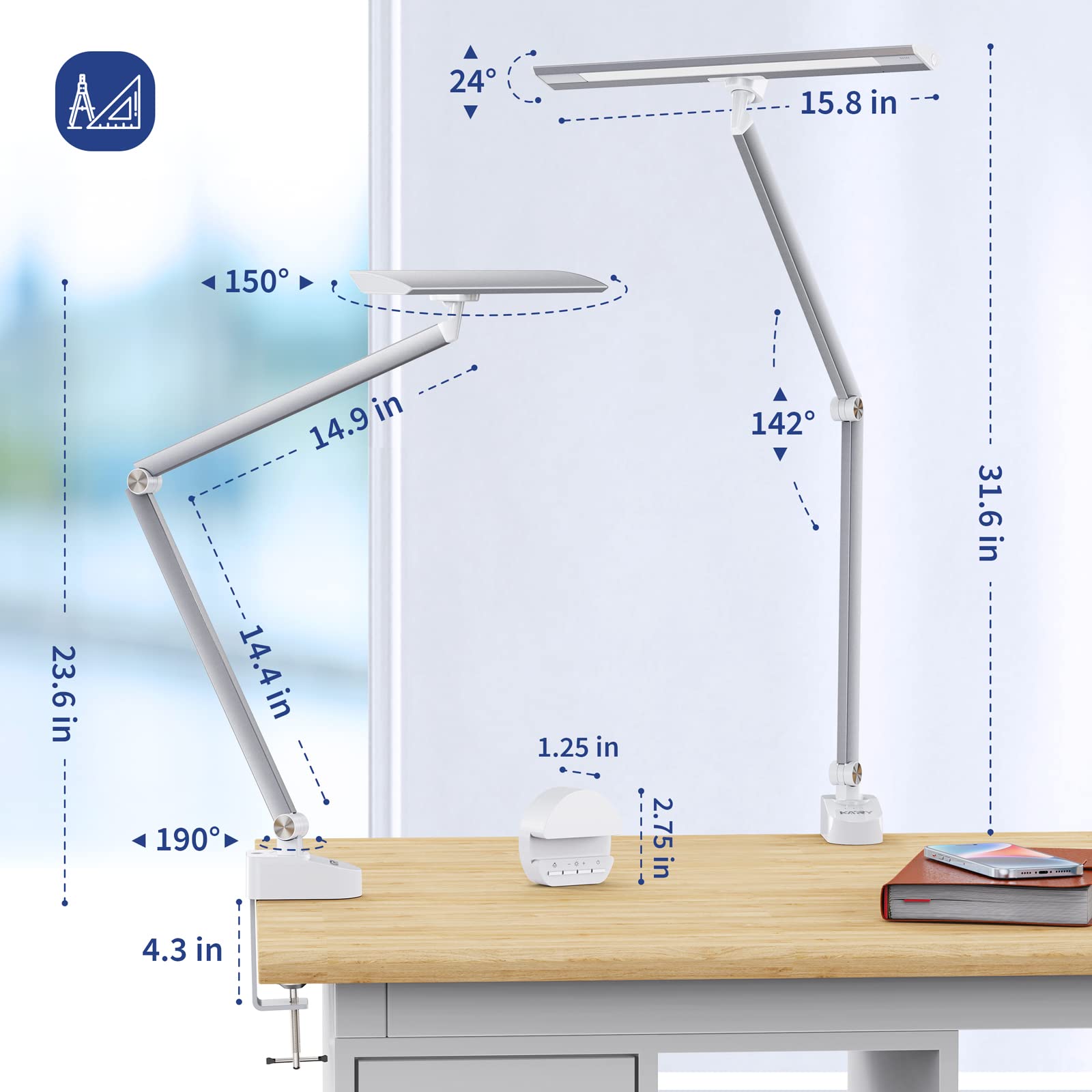 Kary Desk Lamps for Home Office with Remote, Swing Arm Tall Desk Lamp, Extra Bright Led Computer Desk Light, Eyes Protected Desktop Lights with Adjustable Lighting for Task, Drafting, Work, Architect