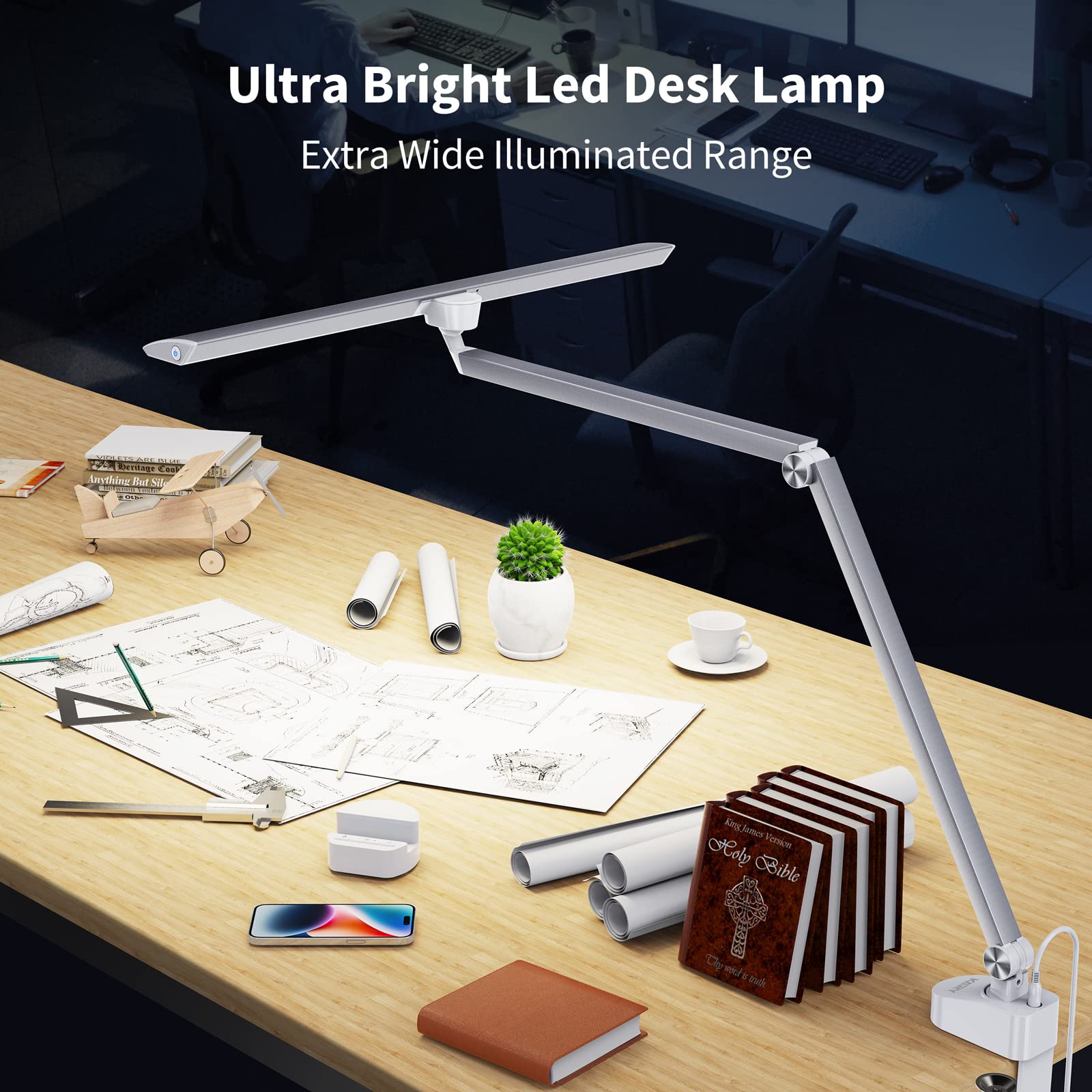 Kary Desk Lamps for Home Office with Remote, Swing Arm Tall Desk Lamp, Extra Bright Led Computer Desk Light, Eyes Protected Desktop Lights with Adjustable Lighting for Task, Drafting, Work, Architect