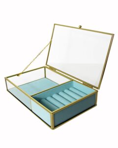 ylu yni glass jewelry organizer box clear keepsake case with gold frame with velvet trinket tray, display box for earring ring, necklace, accessories.