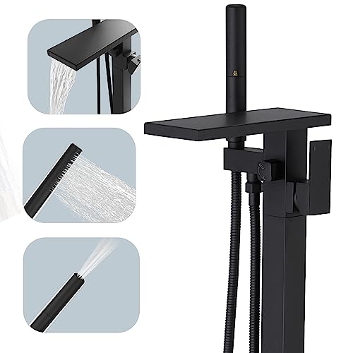 Hoimpro Freestanding Bathtub Faucet Waterfall Tub Filler Matte Black Floor Mount Brass Single Handle Bathroom Tub Faucets with 2 Function Hand Shower Wand