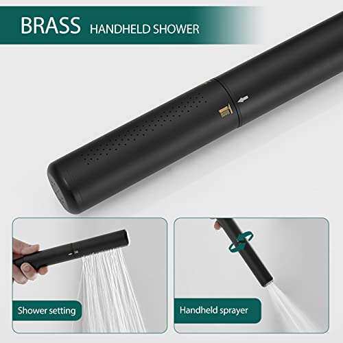 Hoimpro Freestanding Bathtub Faucet Waterfall Tub Filler Matte Black Floor Mount Brass Single Handle Bathroom Tub Faucets with 2 Function Hand Shower Wand