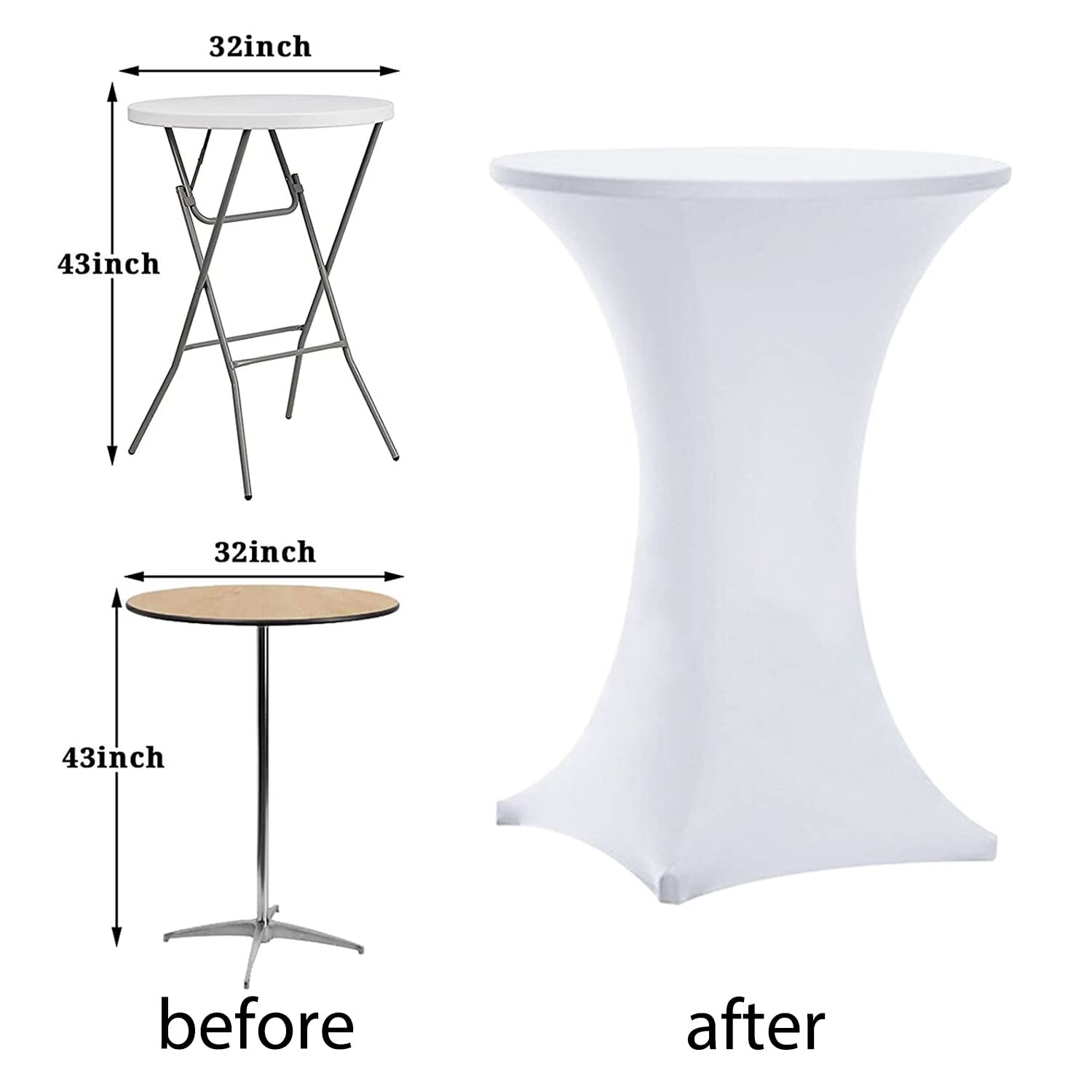 Tina's 6 Pack 32x43 Inch Highboy Spandex Cocktail Table Covers White, Fitted Stretch Cocktail Tablecloth for Round Tables (6PC 32x43 White)