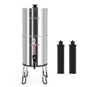 icepure gravity-fed countertop water filter system, 2.35g stainless-steel 304 | includes 2 black carbon filters | ideal for camping, rving, emergencies, home | clean, clear & fresh water