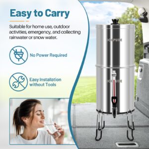 ICEPURE Gravity-Fed Countertop Water Filter System, 2.35G Stainless-Steel 304 | Includes 2 Black Carbon Filters | Ideal for Camping, RVing, Emergencies, Home | Clean, Clear & Fresh Water