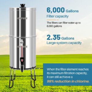 ICEPURE Gravity-Fed Countertop Water Filter System, 2.35G Stainless-Steel 304 | Includes 2 Black Carbon Filters | Ideal for Camping, RVing, Emergencies, Home | Clean, Clear & Fresh Water