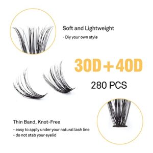 Lash Clusters Kolybel individual lashes 30D+40D 10-16MIX Clusters False Eyelash D Curl DIY Clusters 280pcs Lash Extensions Makeup Individual DIY Eyelash Extensions at Home (30D+40D,D-10-16MIX)