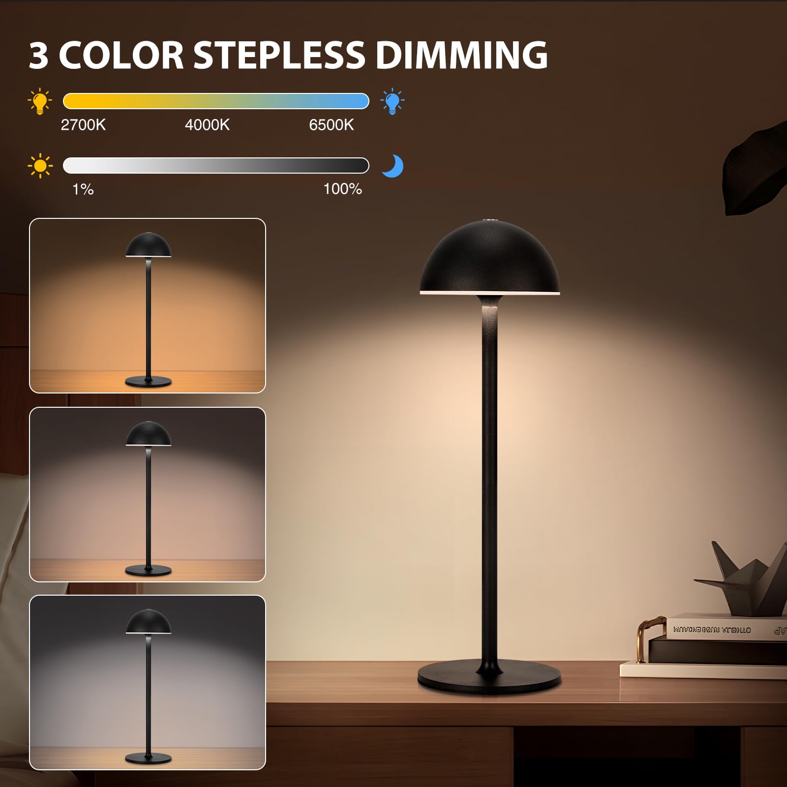 S SUNSBELL Cordless Table Lamps Metal Led Desk Lamp Portable Wireless Bedside Lamps USB Rechargeable Night Light Touch Adjustable Brightness Reading Light 5200mah Battery Powered Decoration Lights