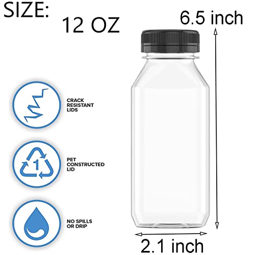 3 Pcs 12 oz Plastic Juice Bottle Reusable Transparent Bulk Beverage Containers with Black Lids for Juice, Drinking Milkshake Tea, Milk, Juicing Smoothie Water and Other Beverages, Fridge Storage