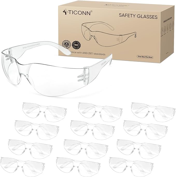 TICONN 3 Clear Safety Glasses for Men, Safety Goggles with Scratch Impact Resistant Meets ANSI Z87.1 Standard (3 Pack)