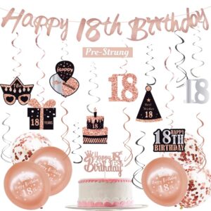 wojogo 18th birthday decorations for girls, rose gold happy 18th year old birthday decorations includs happy 18 birthday banner hanging swirls cake topper balloons for party supplies