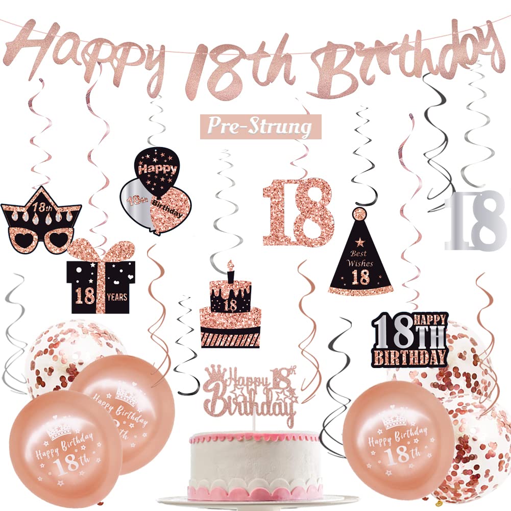 WOJOGO 18th Birthday Decorations For Girls, Rose Gold Happy 18th Year Old Birthday Decorations Includs Happy 18 Birthday Banner Hanging Swirls Cake Topper Balloons for Party Supplies