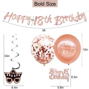 WOJOGO 18th Birthday Decorations For Girls, Rose Gold Happy 18th Year Old Birthday Decorations Includs Happy 18 Birthday Banner Hanging Swirls Cake Topper Balloons for Party Supplies