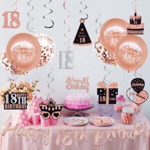 WOJOGO 18th Birthday Decorations For Girls, Rose Gold Happy 18th Year Old Birthday Decorations Includs Happy 18 Birthday Banner Hanging Swirls Cake Topper Balloons for Party Supplies