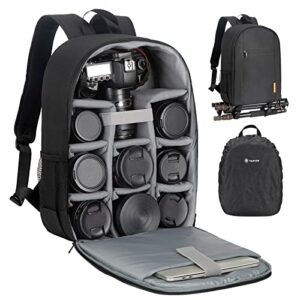 tarion camera bag dslr camera backpack with waterproof raincover laptop compartment photography backpack case photo bag for women men photographers dslr slr mirrorless camera lens tripod black tb-m