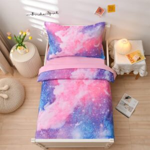 a nice night galaxy space planet with star glitter toddler bedding set,includes comforter, flat sheet, fitted sheet and pillowcase,pink