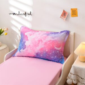 A Nice Night Galaxy Space Planet with Star Glitter Toddler Bedding Set,Includes Comforter, Flat Sheet, Fitted Sheet and Pillowcase,Pink